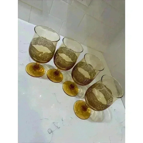 4 Vintage Libbey Americana Amber Stemmed Wine Glasses Goblets Embossed 8 Oz. - Picture 5 of 14